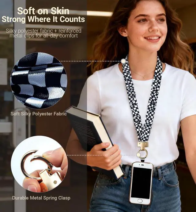 Alt view image 4 of 7 - Stretchy Scrunchie Lanyard for Teachers with ID Holders Soft Elastic Badge Lanyard Set with Phone Strap & Key Ring, Comfortable All-Day Wear (Grid Style)