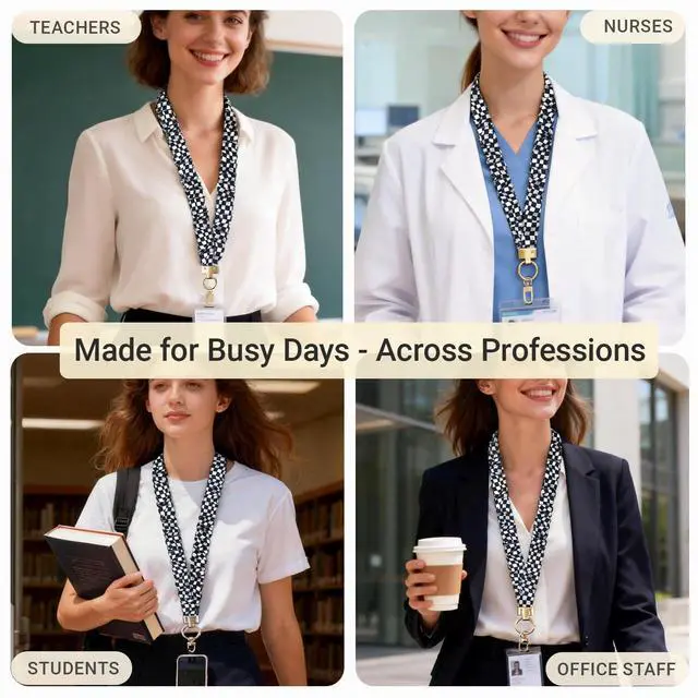 Alt view image 6 of 7 - Stretchy Scrunchie Lanyard for Teachers with ID Holders Soft Elastic Badge Lanyard Set with Phone Strap & Key Ring, Comfortable All-Day Wear (Grid Style)