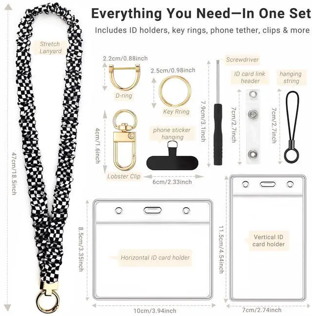 Alt view image 5 of 7 - Stretchy Scrunchie Lanyard for Teachers with ID Holders Soft Elastic Badge Lanyard Set with Phone Strap & Key Ring, Comfortable All-Day Wear (Grid Style)