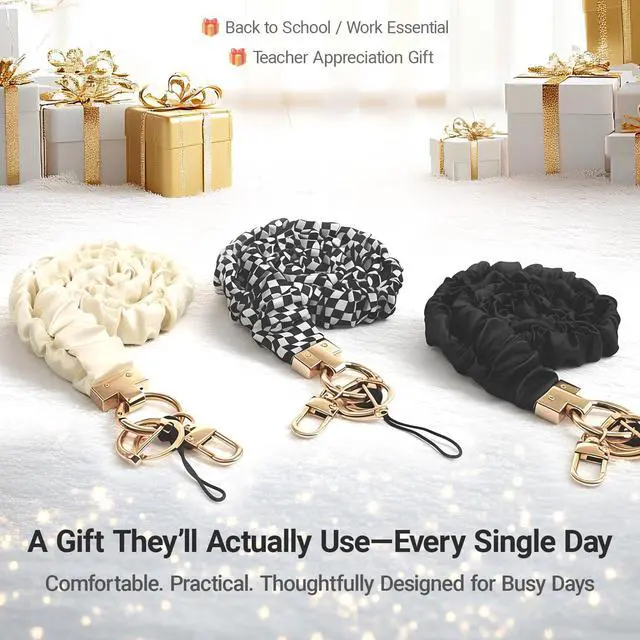 Alt view image 7 of 7 - Stretchy Scrunchie Lanyard for Teachers with ID Holders Soft Elastic Badge Lanyard Set with Phone Strap & Key Ring, Comfortable All-Day Wear (Grid Style)