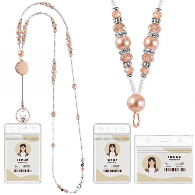 Main image of Teacher Lanyards for Id Badges and Keys, Beaded Badge Lanyard with Retractable Reel Pearl Necklace Cute Lanyards for Women (Gold)