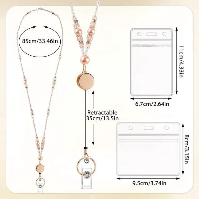 Alt view image 2 of 7 - Teacher Lanyards for Id Badges and Keys, Beaded Badge Lanyard with Retractable Reel Pearl Necklace Cute Lanyards for Women (Gold)