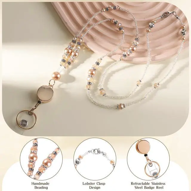 Alt view image 4 of 7 - Teacher Lanyards for Id Badges and Keys, Beaded Badge Lanyard with Retractable Reel Pearl Necklace Cute Lanyards for Women (Gold)