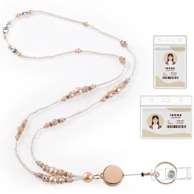 Alt view image 7 of 7 - Teacher Lanyards for Id Badges and Keys, Beaded Badge Lanyard with Retractable Reel Pearl Necklace Cute Lanyards for Women (Gold)