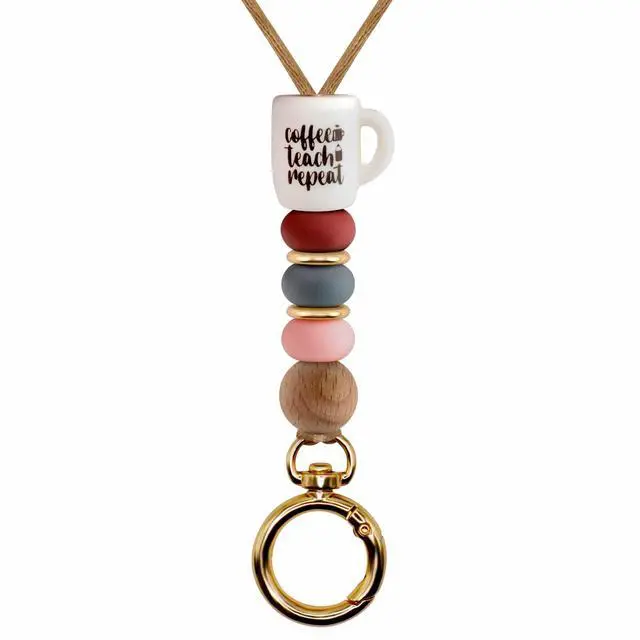 Main image of Teacher Lanyard Badge Holder and Keys, Cute Silicone Beaded Lanyard for Women Nurse Employees Students (Coffee)