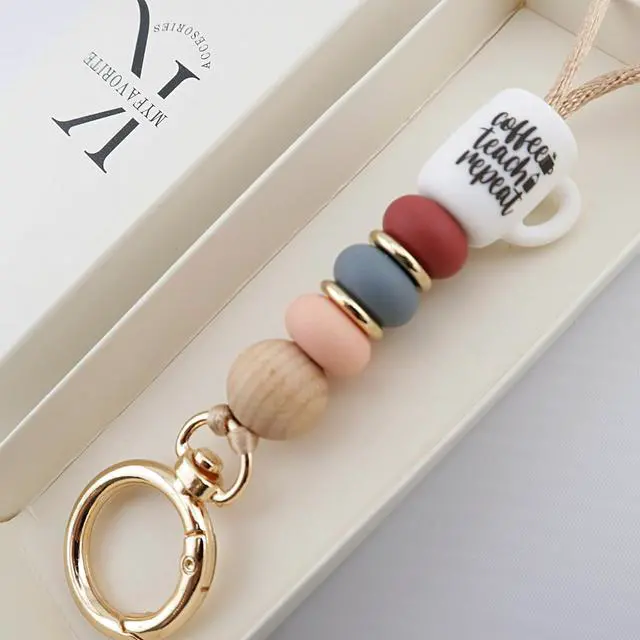 Alt view image 6 of 6 - Teacher Lanyard Badge Holder and Keys, Cute Silicone Beaded Lanyard for Women Nurse Employees Students (Coffee)
