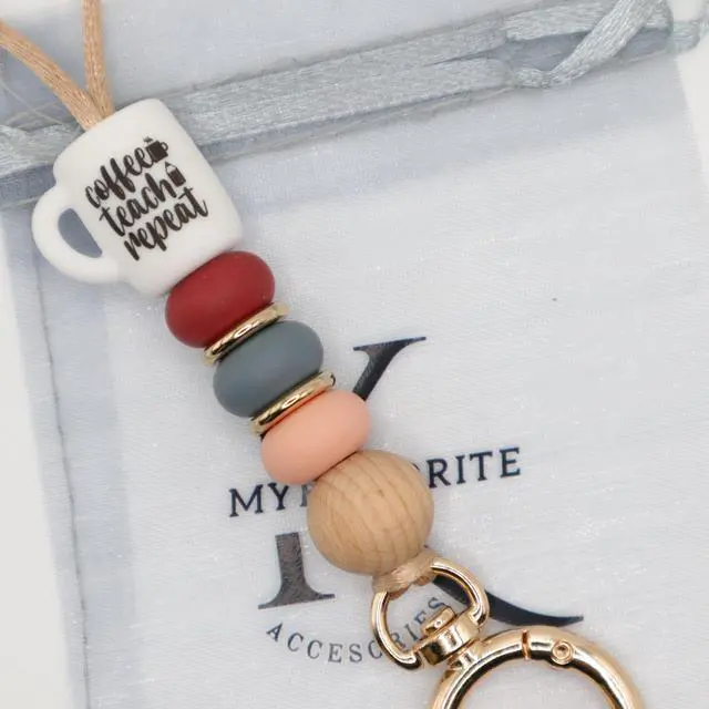 Alt view image 5 of 6 - Teacher Lanyard Badge Holder and Keys, Cute Silicone Beaded Lanyard for Women Nurse Employees Students (Coffee)