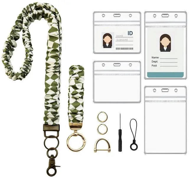 Main image of Stretchy Scrunchie Lanyard for Id Badges, Cute Teacher Lanyard Keychain Wristlet with 4 Id Holders for Women, Teachers, Nurses, School Office Supplies (White Green)