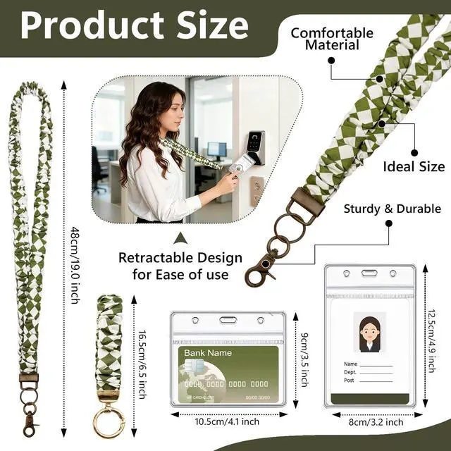 Alt view image 3 of 7 - Stretchy Scrunchie Lanyard for Id Badges, Cute Teacher Lanyard Keychain Wristlet with 4 Id Holders for Women, Teachers, Nurses, School Office Supplies (White Green)
