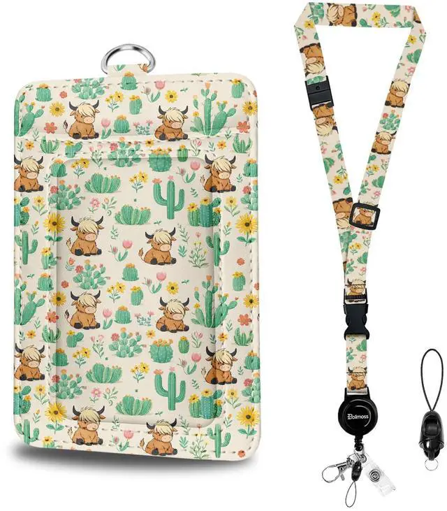 Main image of Highland Cow Id Badge Holder with Retractable Badge Reel Clip, Detachable & Adjustable Lanyards for Id Badges, Leather RFID Card Holder for Women, Teachers, Nurses, Office Workers Gifts