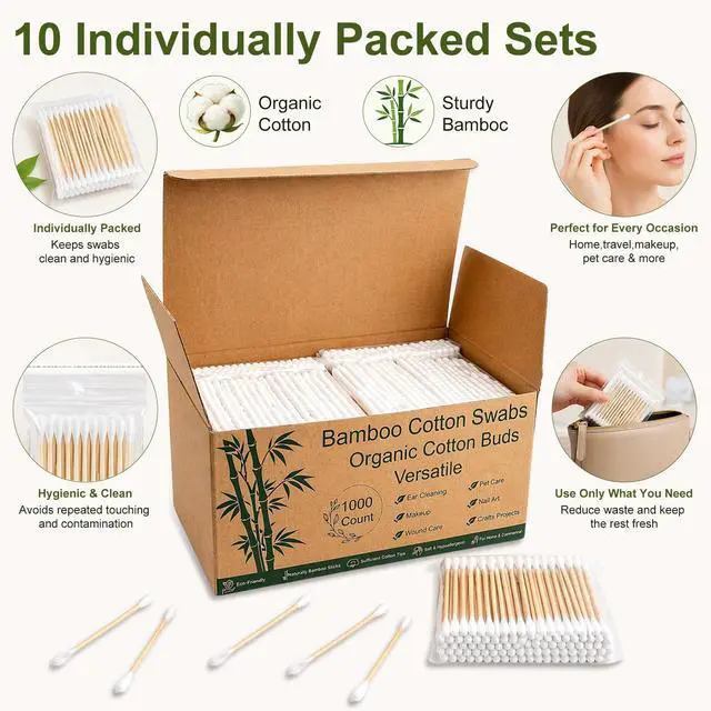 Alt view image 7 of 7 - 1000 Count Natural Bamboo Cotton Tips, Organic Biodegradable Swab