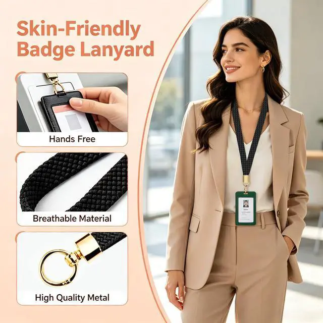Alt view image 4 of 7 - Stretchy Cute Lanyards for ID Badges, Pink & Beige Thin Teacher Lanyard for Keys, Long Neck Keychain Lanyard with Card Holder for Women