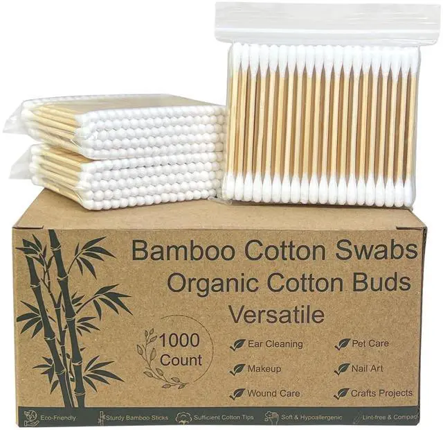 Main image of 1000 Count Bamboo Cotton Swabs Sturdy Wooden Sticks for Makeup & Personal Care, Biodegradable Double-Tipped Cotton Buds Gentle & Absorbent Applicator for Home & Travel (10 Packs of 100)