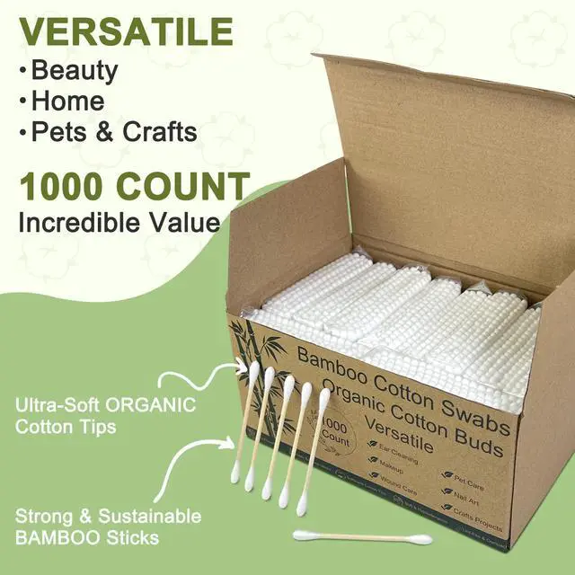 Alt view image 2 of 7 - 1000 Count Bamboo Cotton Swabs Sturdy Wooden Sticks for Makeup & Personal Care, Biodegradable Double-Tipped Cotton Buds Gentle & Absorbent Applicator for Home & Travel (10 Packs of 100)