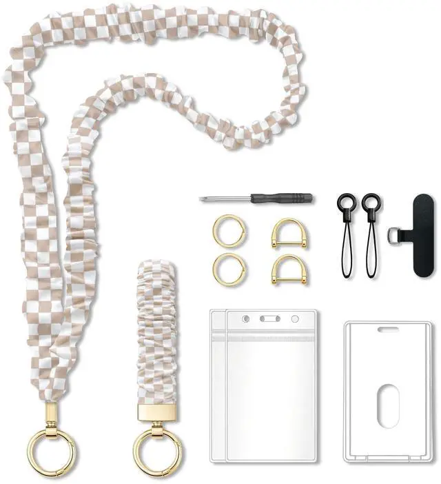 Main image of Scrunchie Lanyard for ID Badges - Teacher Appreciation Gifts, Elastic Cute Teacher Lanyard with ID Holder, Neck and Wrist Keychain for Office Staff (Pink & Beige)