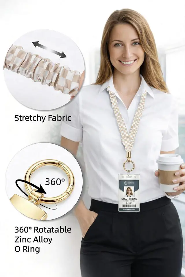 Alt view image 3 of 7 - Scrunchie Lanyard for ID Badges - Teacher Appreciation Gifts, Elastic Cute Teacher Lanyard with ID Holder, Neck and Wrist Keychain for Office Staff (Pink & Beige)