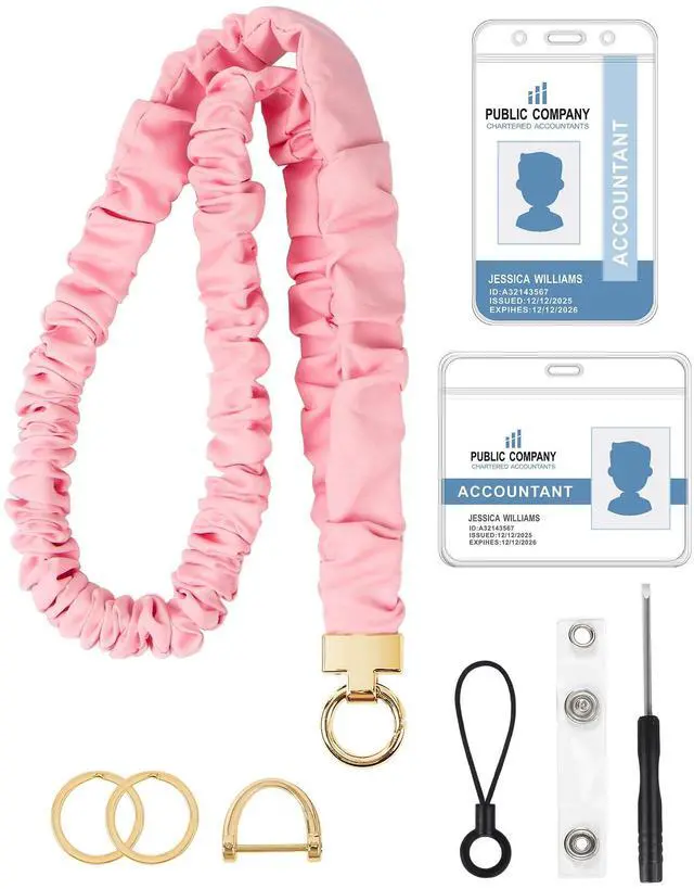 Main image of ID Badge Lanyard for Women, Cute Soft No-Tangle Scrunchie Lanyard, Stretchy Elastic Lanyard with Card Holder & Keychain, Teacher Nurse Badge Holder (Pink)