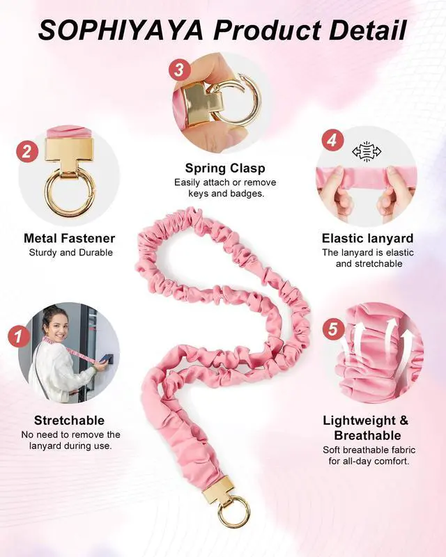 Alt view image 2 of 6 - ID Badge Lanyard for Women, Cute Soft No-Tangle Scrunchie Lanyard, Stretchy Elastic Lanyard with Card Holder & Keychain, Teacher Nurse Badge Holder (Pink)