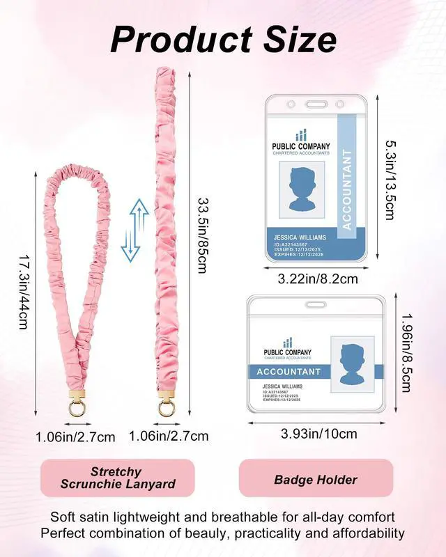 Alt view image 5 of 6 - ID Badge Lanyard for Women, Cute Soft No-Tangle Scrunchie Lanyard, Stretchy Elastic Lanyard with Card Holder & Keychain, Teacher Nurse Badge Holder (Pink)