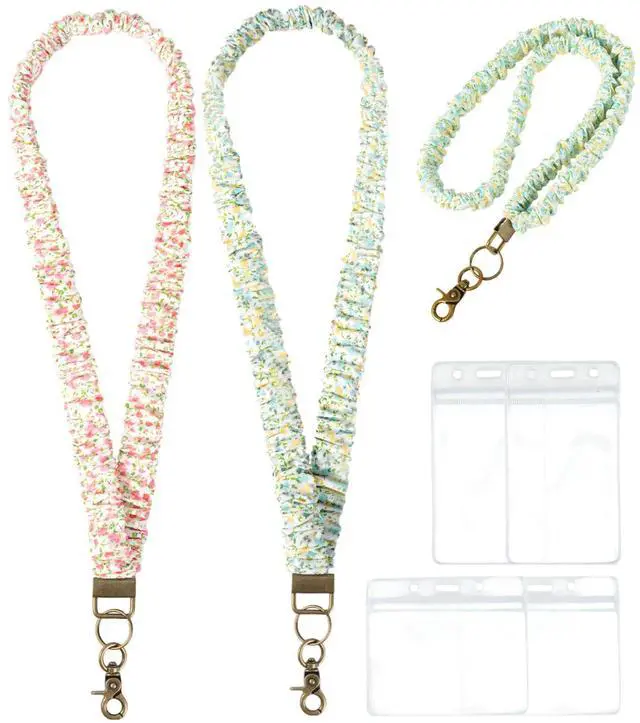 Main image of 2 Pcs Stretchy Scrunchie Lanyards with 4 ID Holder, Cute Teacher Lanyard for 2 Size ID Badge Holders, Neck Keychain Stretchy for Women, Girl