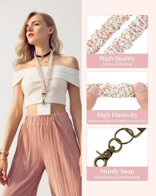 Alt view image 2 of 7 - 2 Pcs Stretchy Scrunchie Lanyards with 4 ID Holder, Cute Teacher Lanyard for 2 Size ID Badge Holders, Neck Keychain Stretchy for Women, Girl
