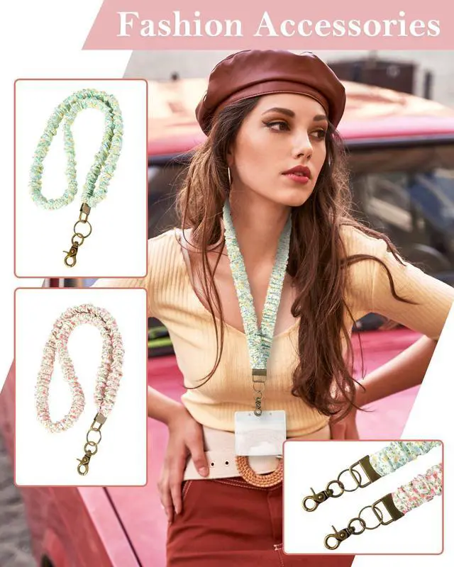 Alt view image 4 of 7 - 2 Pcs Stretchy Scrunchie Lanyards with 4 ID Holder, Cute Teacher Lanyard for 2 Size ID Badge Holders, Neck Keychain Stretchy for Women, Girl