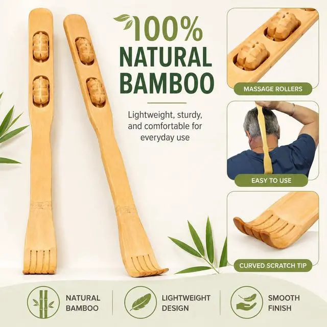 Alt view image 4 of 7 - 2-Pack Bamboo Back Scratcher by Dependable Industries Long Reach, Massage Rollers, Self-Massage & Itch Relief, Eco-Friendly