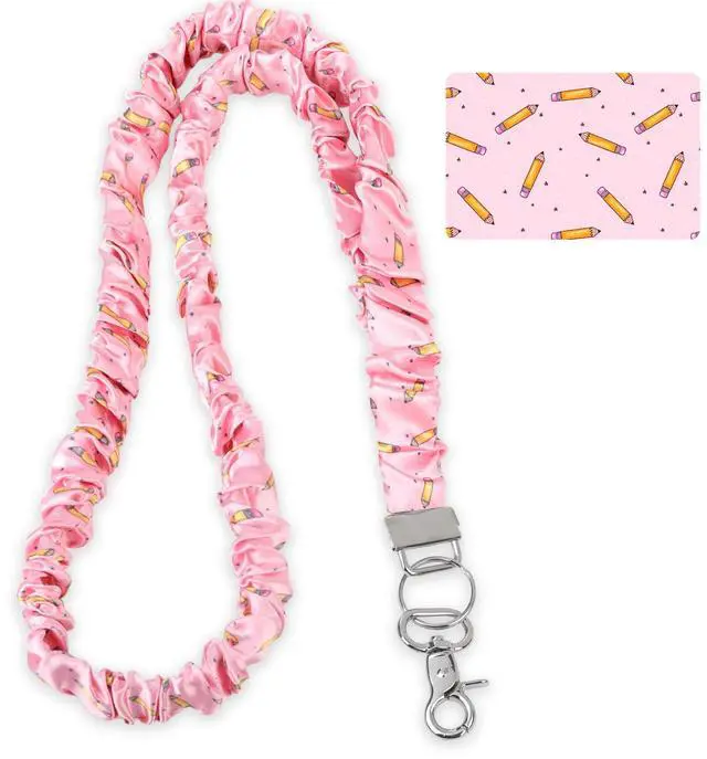Main image of Pencil Pattern Scrunchie Lanyard for Teacher, Stretchy Retractable Neck Lanyard with Metal Clip for Keys & ID Cards (Pink)