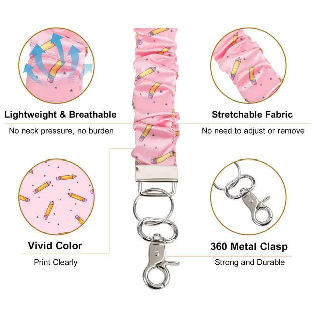 Alt view image 3 of 6 - Pencil Pattern Scrunchie Lanyard for Teacher, Stretchy Retractable Neck Lanyard with Metal Clip for Keys & ID Cards (Pink)