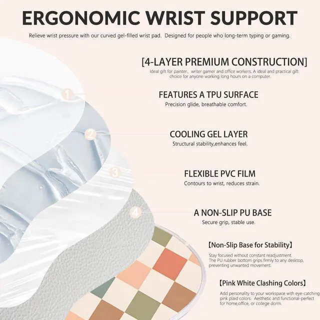 Alt view image 4 of 7 - Gel Mouse Pad with Wrist Rest for Mouse Ergonomic Mouse Wrist Rest Non-Slip Silicone Checkered Mousepad with Wrist Support for Computer Desk Gaming Laptop Home Office Desk Accessories Beige Plaid