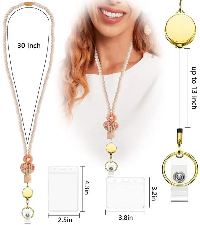 Alt view image 3 of 6 - Teacher Lanyard with ID Holder, Wood Beaded Lanyards for Id Badges Keys, Retractable Breakaway Cute Lanyard for Women