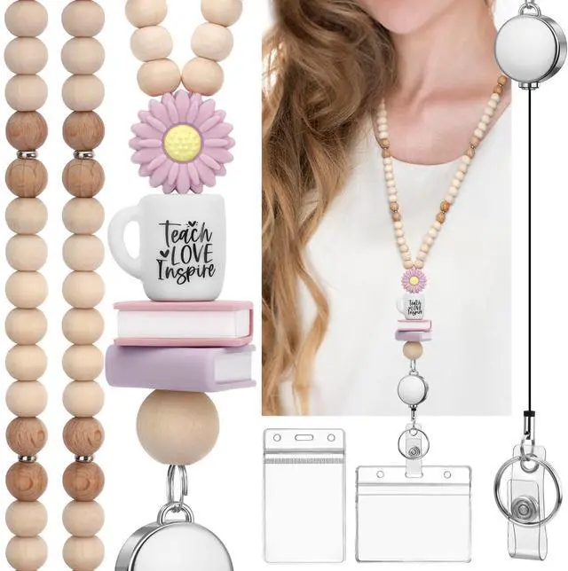 Main image of Teacher Lanyard with Id Holder, Retractable Lanyards for Id Badges Keys, Cute Wooden Beaded Lanyard for Women, Light Purple