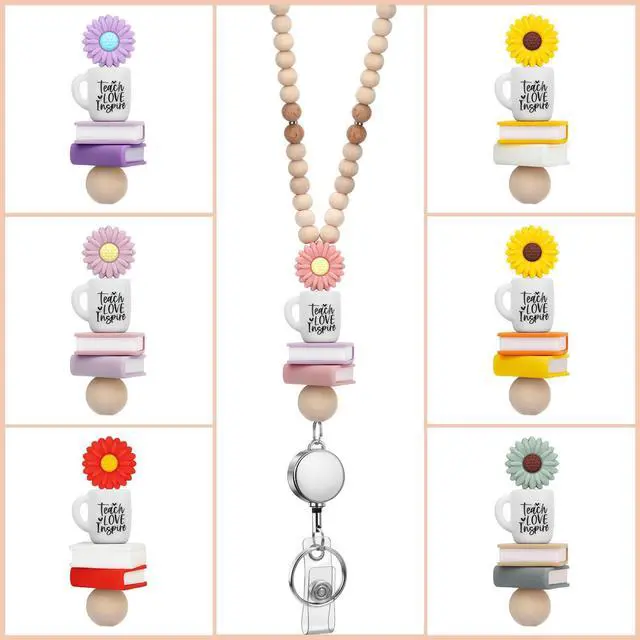 Alt view image 6 of 7 - Teacher Lanyard with Id Holder, Retractable Lanyards for Id Badges Keys, Cute Wooden Beaded Lanyard for Women, Light Purple