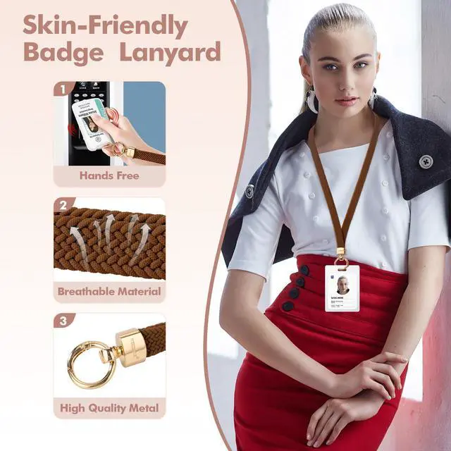 Alt view image 3 of 7 - Stretchy Cute Lanyards for ID Badges, Thin Teacher Lanyard for Key, Long Neck Keychain ID Badge Lanyards for Women/Men (Brown)