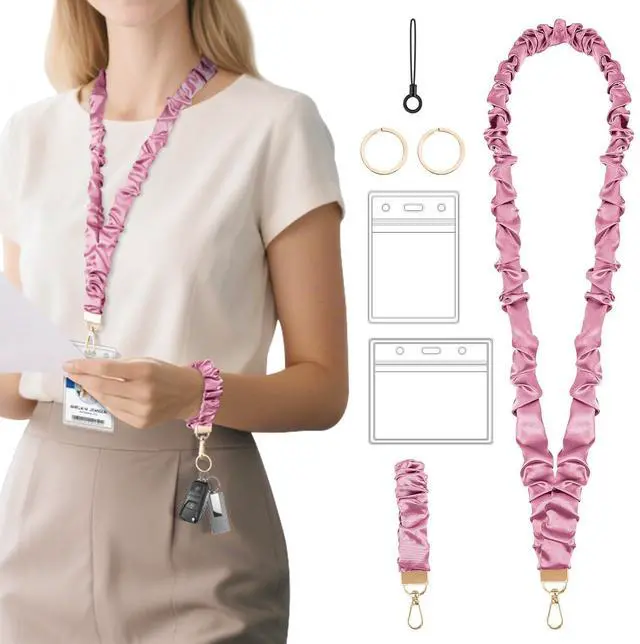 Main image of Scrunchie Lanyard with ID Holder for Teacher, Retractable Long Neck & Short Wrist Lanyard Set with 2 Keychain Clips, Adjustable for Teachers, School Staff, Office (Purple)