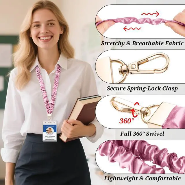 Alt view image 4 of 7 - Scrunchie Lanyard with ID Holder for Teacher, Retractable Long Neck & Short Wrist Lanyard Set with 2 Keychain Clips, Adjustable for Teachers, School Staff, Office (Purple)