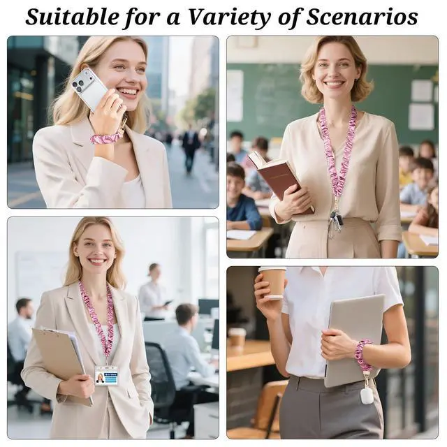 Alt view image 6 of 7 - Scrunchie Lanyard with ID Holder for Teacher, Retractable Long Neck & Short Wrist Lanyard Set with 2 Keychain Clips, Adjustable for Teachers, School Staff, Office (Purple)