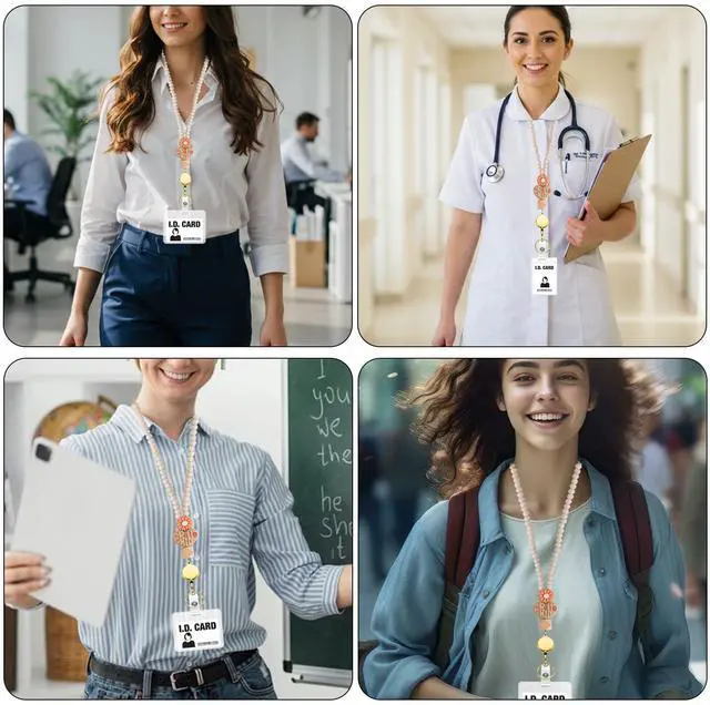 Alt view image 6 of 6 - Teacher Lanyard with ID Holder, Wood Beaded Lanyards for Id Badges Keys, Retractable Breakaway Cute Lanyard for Women