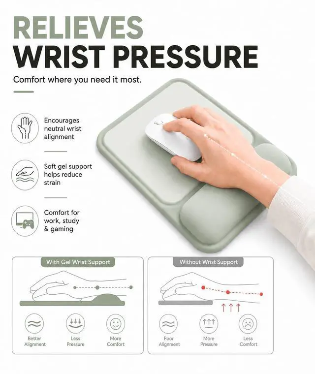 Alt view image 4 of 7 - Ergonomic Mouse Pad with Wrist Rest, Gel Mousepad with Soft Wrist Support, Non-Slip PU Base, Smooth Surface Mouse Pad for Wrist Pain Relief, Computer Laptop Office Home & Gaming (Sage Green)