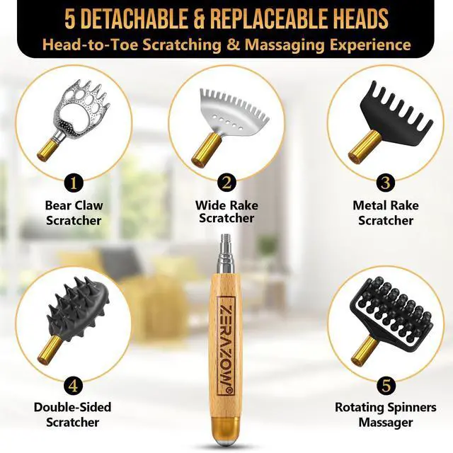 Alt view image 4 of 7 - ® Extendable Back Scratcher for Men & Women, Telescoping Wooden Back Scratcher Set with 5 Detachable Heads, Head & Scalp Scratcher, Back Massager Stick, Fathers Day Gift