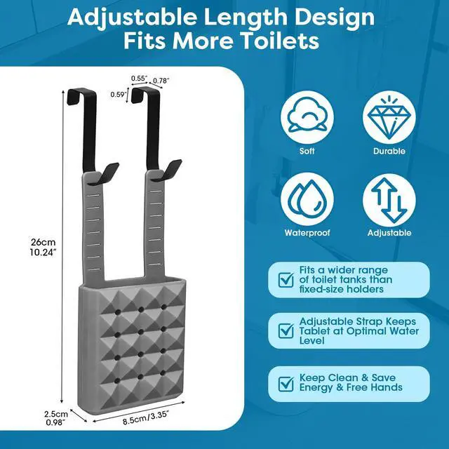 Alt view image 2 of 7 - Adjustable Toilet Tank Cleaning Tablet Holder-Hanging Silicone Basket Carrier with Rustproof Hooks for Bowl Cleaner & Bleach Tablet Organizer, Accessory Fit Up to 7" Water Level