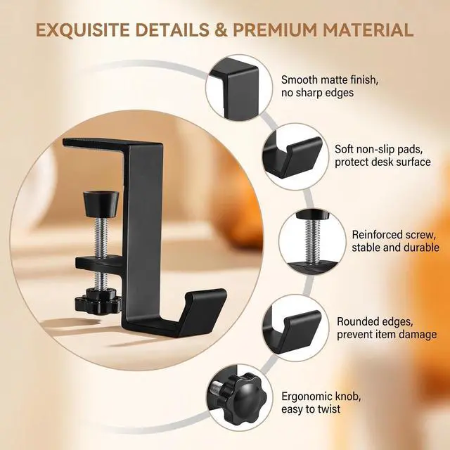 Alt view image 4 of 7 - Purse Hook for Table Portable Desk Mount Bag Holder Clamp Adjustable Clamp-On Backpack Hanger for Purses, Handbags Headphones(Black Single Hook) (Black Single Hook)