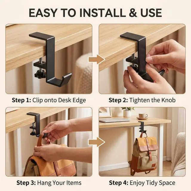 Alt view image 5 of 7 - Purse Hook for Table Portable Desk Mount Bag Holder Clamp Adjustable Clamp-On Backpack Hanger for Purses, Handbags Headphones(Black Single Hook) (Black Single Hook)