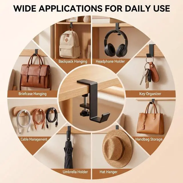 Alt view image 7 of 7 - Purse Hook for Table Portable Desk Mount Bag Holder Clamp Adjustable Clamp-On Backpack Hanger for Purses, Handbags Headphones(Black Single Hook) (Black Single Hook)