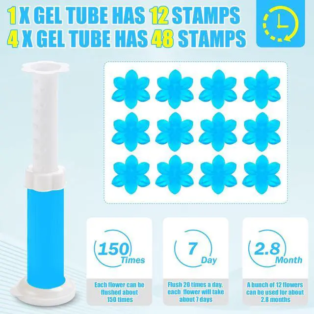 Alt view image 4 of 7 - 4 Pack Toilet Gel Stamp, 48 Stamps 4 Kinds Of Scent Toilet Bowl Cleaner Gel, Long-Lasting Flowers Shaped Bathroom Freshener, Keeps Toilet Fresh Fragrant and Clean