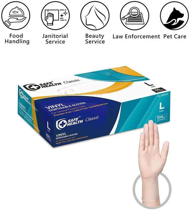 Alt view image 2 of 5 - Vinyl Disposable Gloves, Food Safe, Latex Free, Powder Free, Clear, Box of 100, Large, 3 mil, Cleaning, Salon, Service, Office, Household, Daily