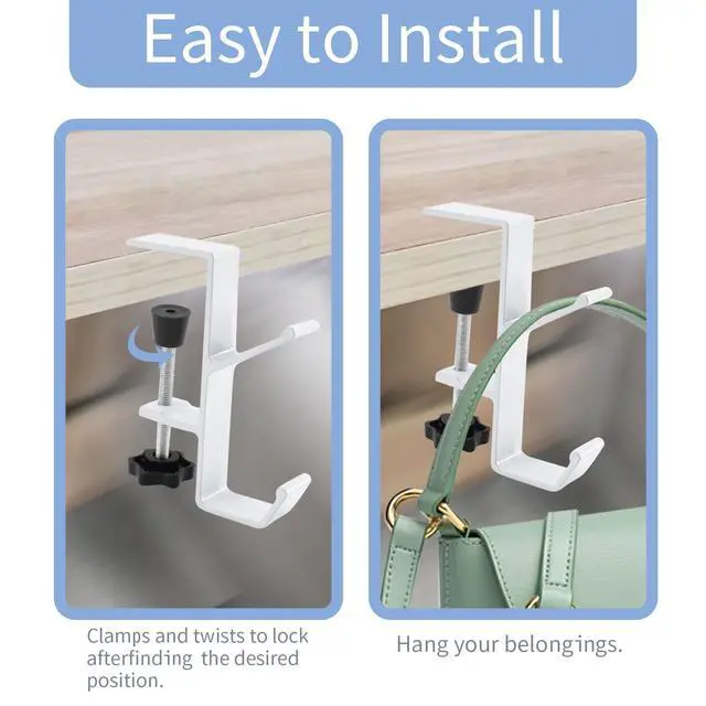 Alt view image 6 of 7 - Desk Mount Bag Holder Hook Clamp-On Backpack Hanger Portable Desk Mount Headphones Holder Reduce Desk Clutter for Table Desk, Under Counter (White)