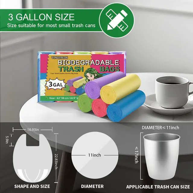 Alt view image 2 of 7 - 3 Gallon Small Trash Bags Bathroom - Colorful With Handles Mini Garbage Bags 100 Count Biodegradable Unscented 12 Liter Little Wastebasket Liners Kitchen Car Office Strong Thick Bulk Vincereon