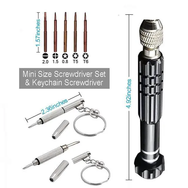 Alt view image 2 of 5 - Eyeglass Repair Kit5-in-1 Multifunctional Small Screwdriver(T6 Torx, T5, 1.5, -2.0, star0.8) & 3-in-1 Mini Keychain Screwdriver Kit for Cellphone, Glasses, Electronics, Watch, Laptop, Jewelry