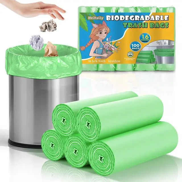 Main image of Biodegradable Garbage Bags 1.6 Gallon - Unscented Small Waste Basket Liners Bulk Heavy Duty Tear Resistant Disposal Bags for Your Office, Bedroom, or Nursery heihaily (5 Roll, 100 Count)